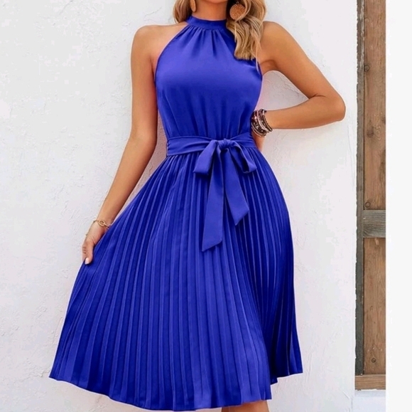 KIRUNDO Summer Sleeveless Halter Neck Pleated Midi Cocktail Dresses - Picture 1 of 10